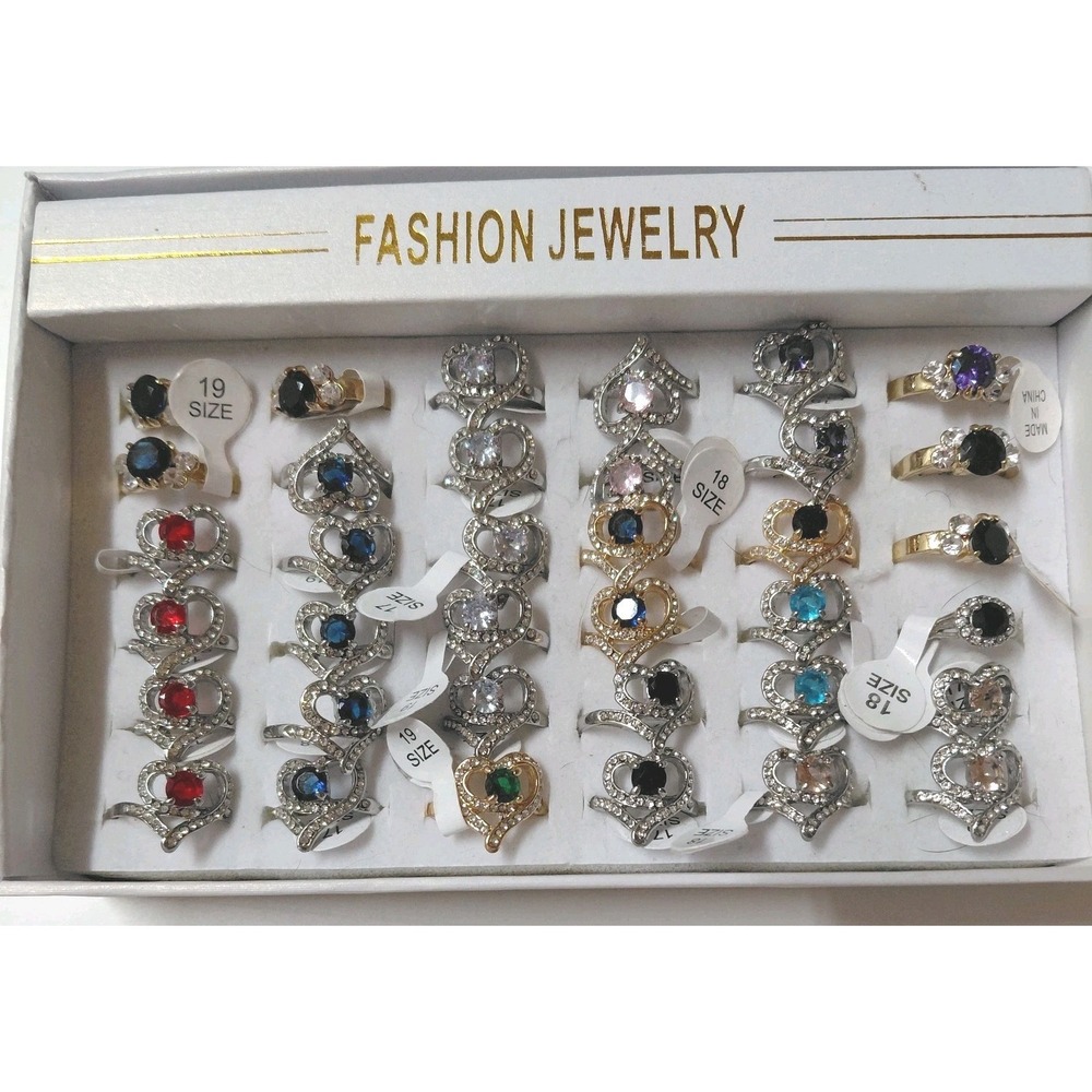 36 Pc Fashion Jewelry Ring Lot Heart Rhinestone Crystal Mixed Sizes 17 18 19 New